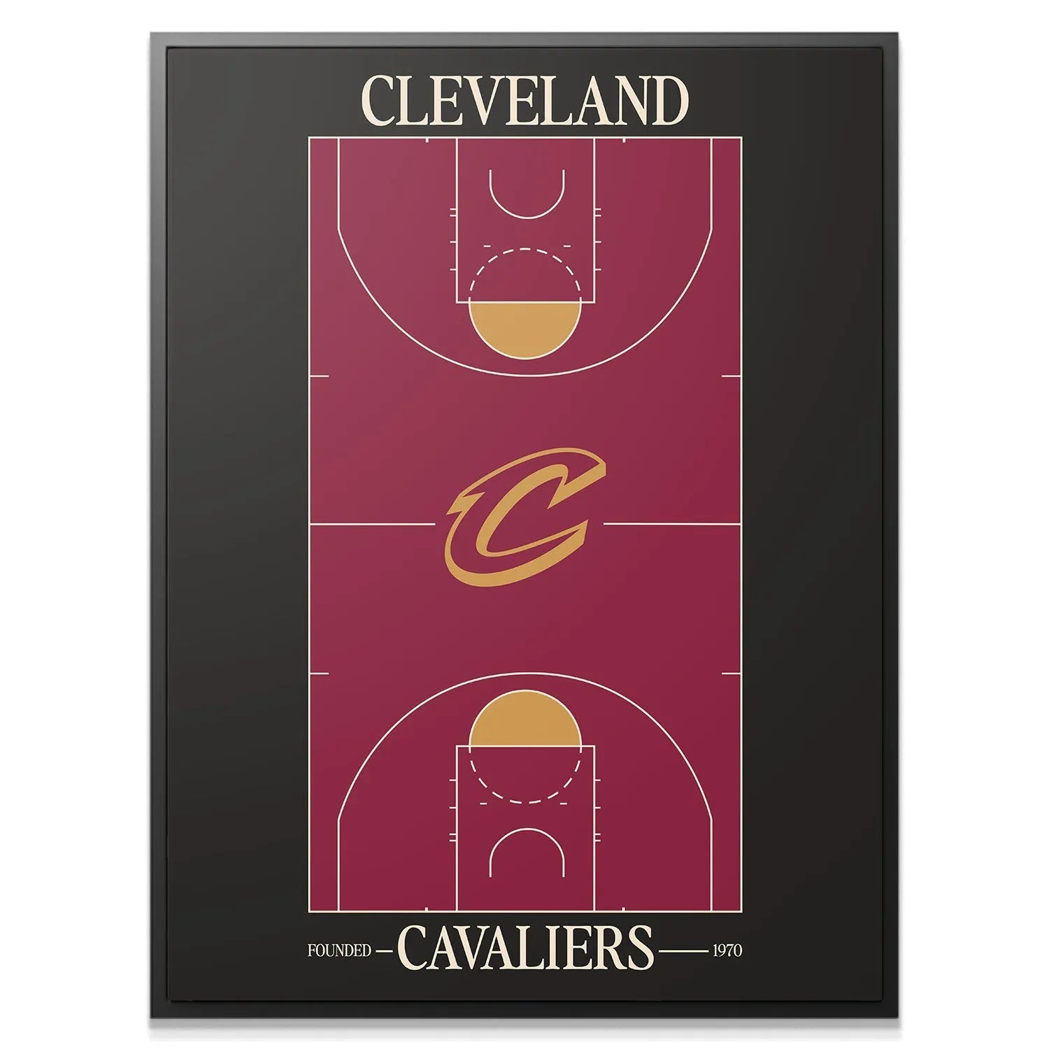 Close-up of the center court logo detail on the Top Court Design - Cavaliers print.