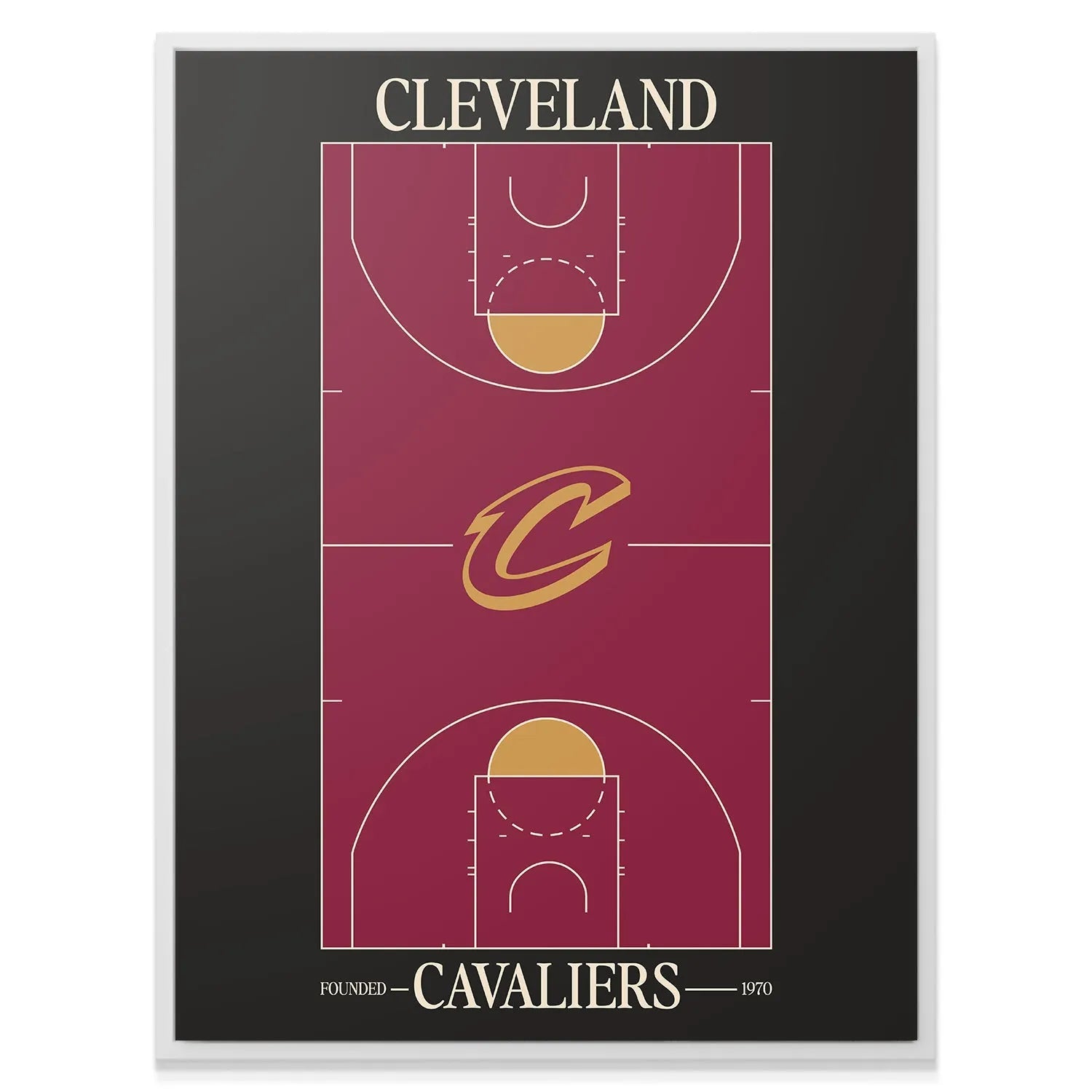 Corner angle showing the 'Cleveland' typography above the Top Court Design - Cavaliers poster.