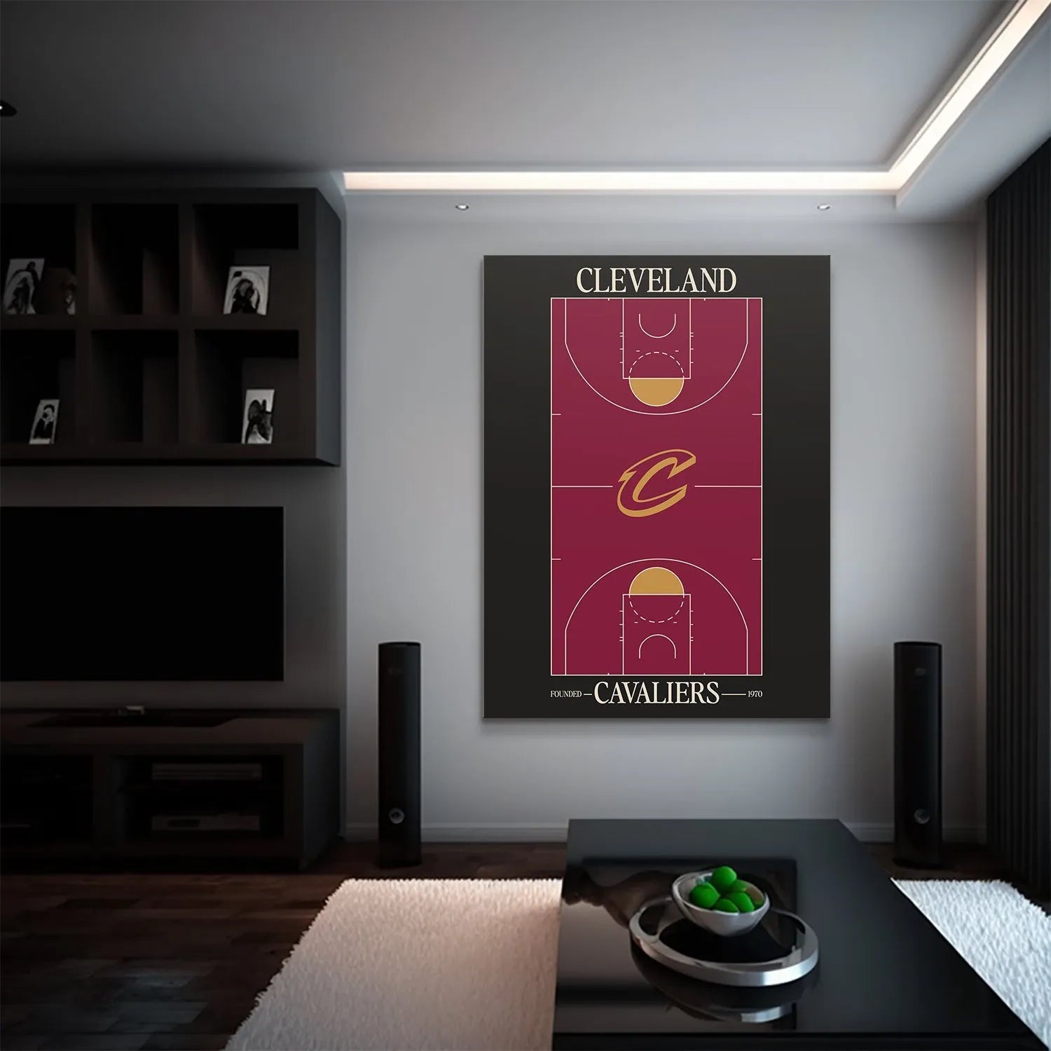 Textured shot highlighting the rich maroon color scheme of the Top Court Design - Cavaliers artwork.