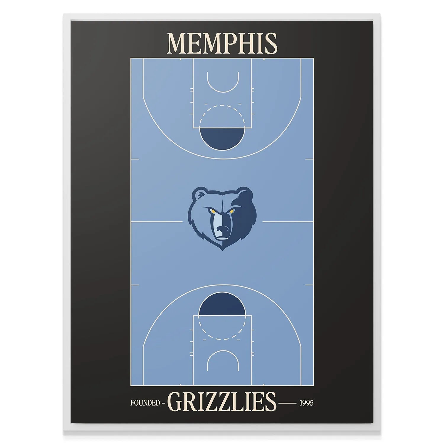 Overhead shot emphasizing the light blue court color contrast against the dark background of the Top Court Design - Grizzlies artwork.