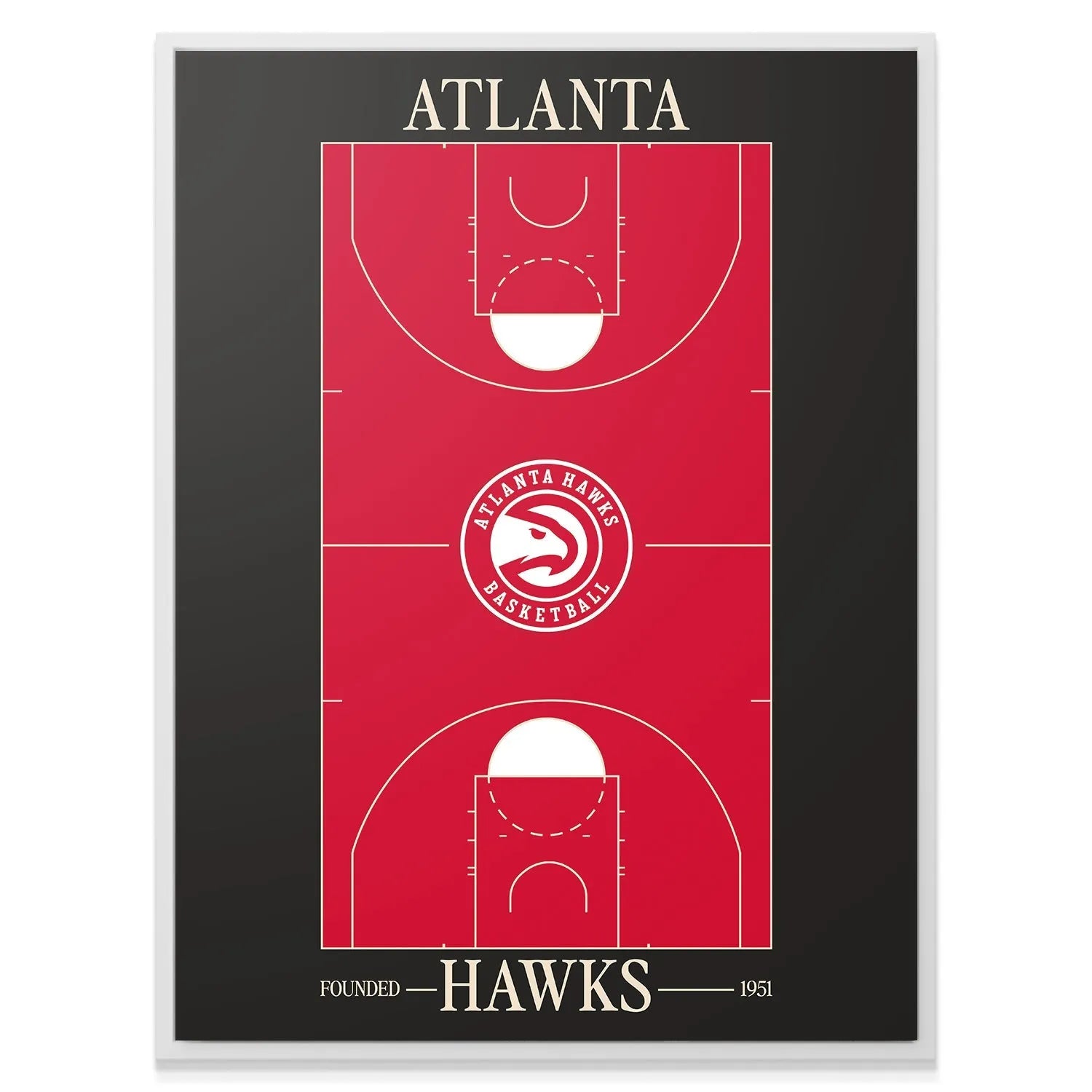 Angled shot showing the texture and matte finish of the framed Top Court Design - Hawks artwork.