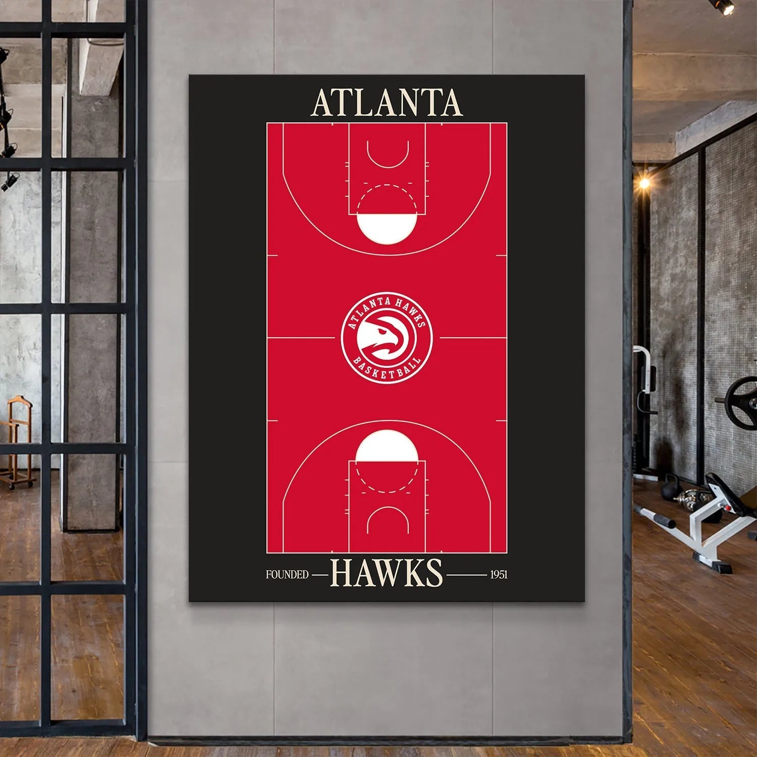 Top-down perspective capturing the red, black, and white lines of the Top Court Design - Hawks layout.
