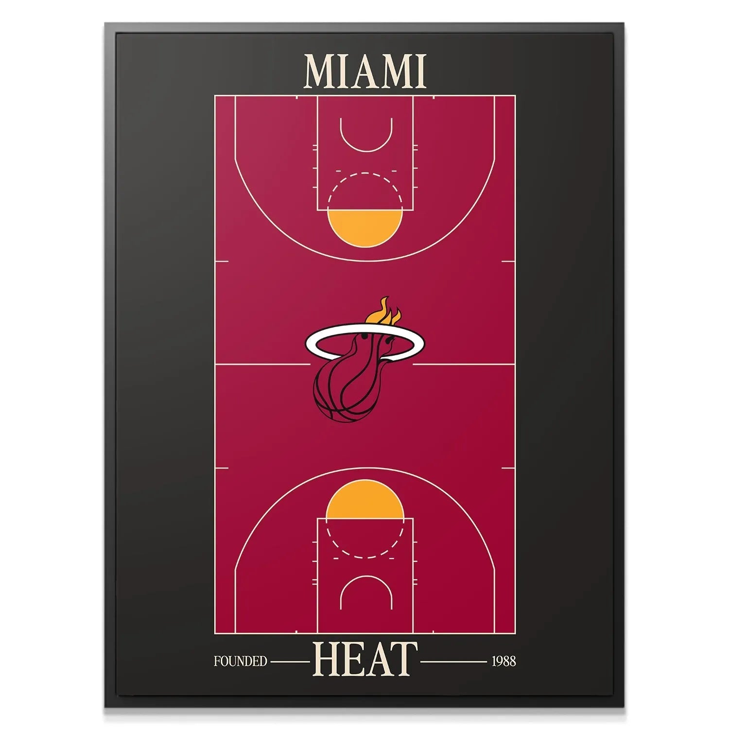 Close-up detail of the flaming logo at center court in the Top Court Design - Heat artwork.