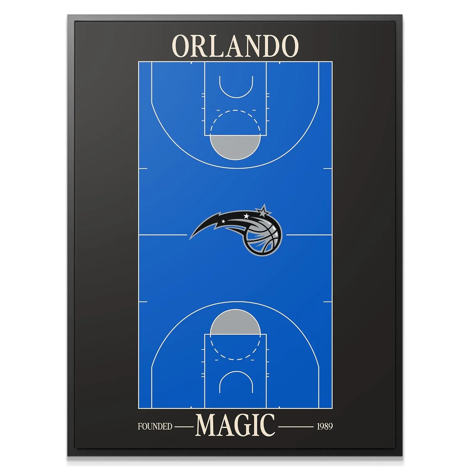 Close-up of the swooshing center court logo detail on the Top Court Design - Magic print.