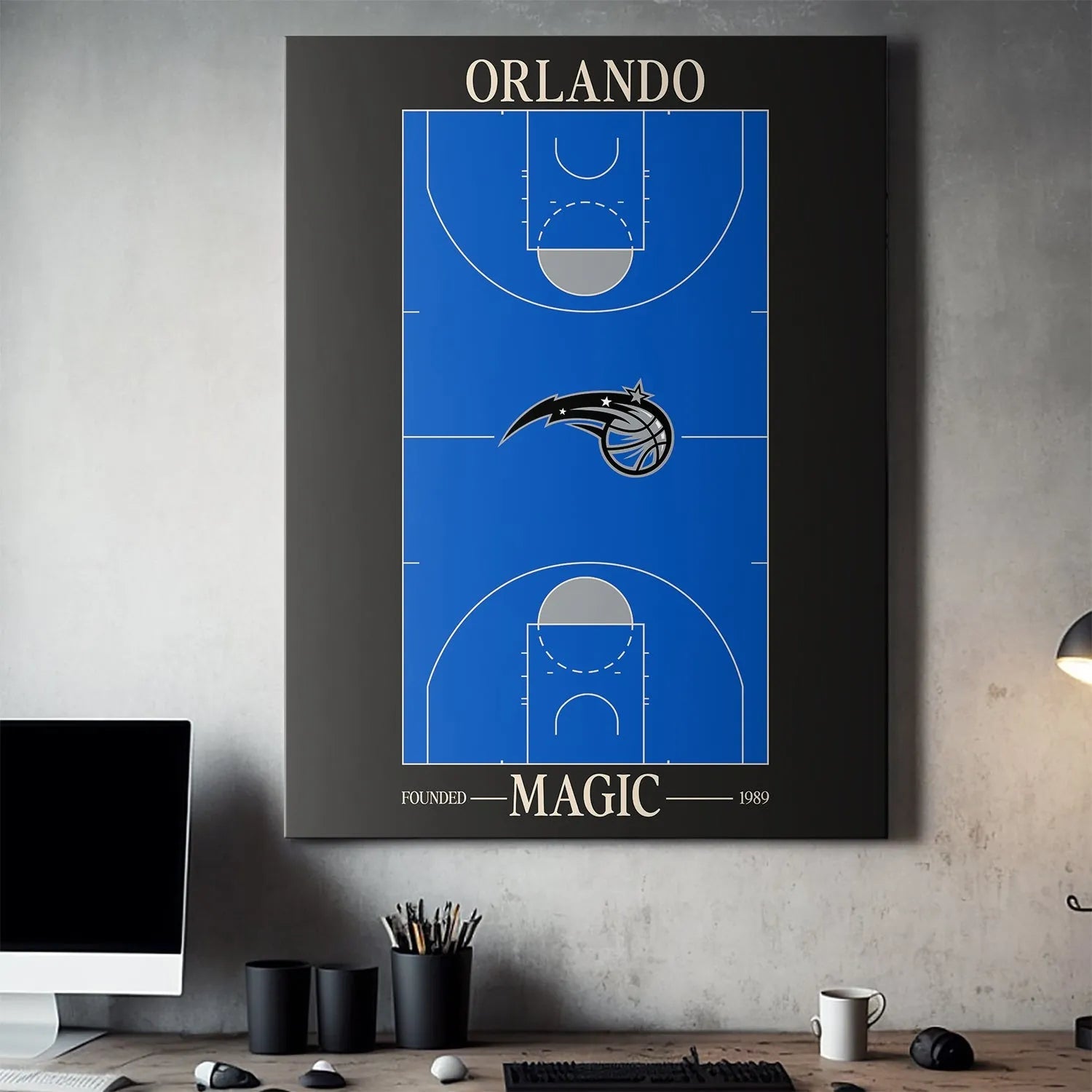Detailed shot of the 'ORLANDO' text header and upper boundary on the Top Court Design - Magic poster.