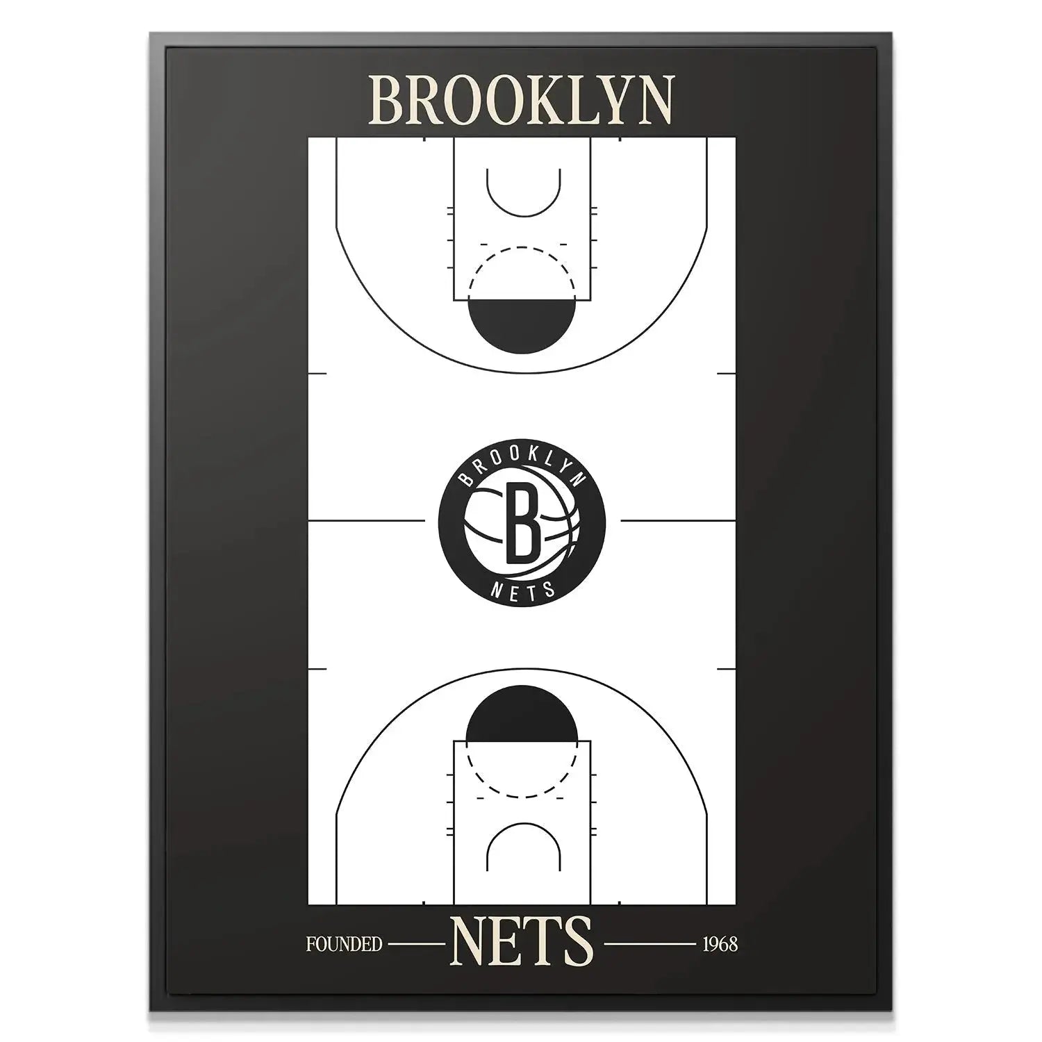 Close-up on the central Brooklyn Nets logo detail within the minimalist 'Top Court Design - Nets' print.