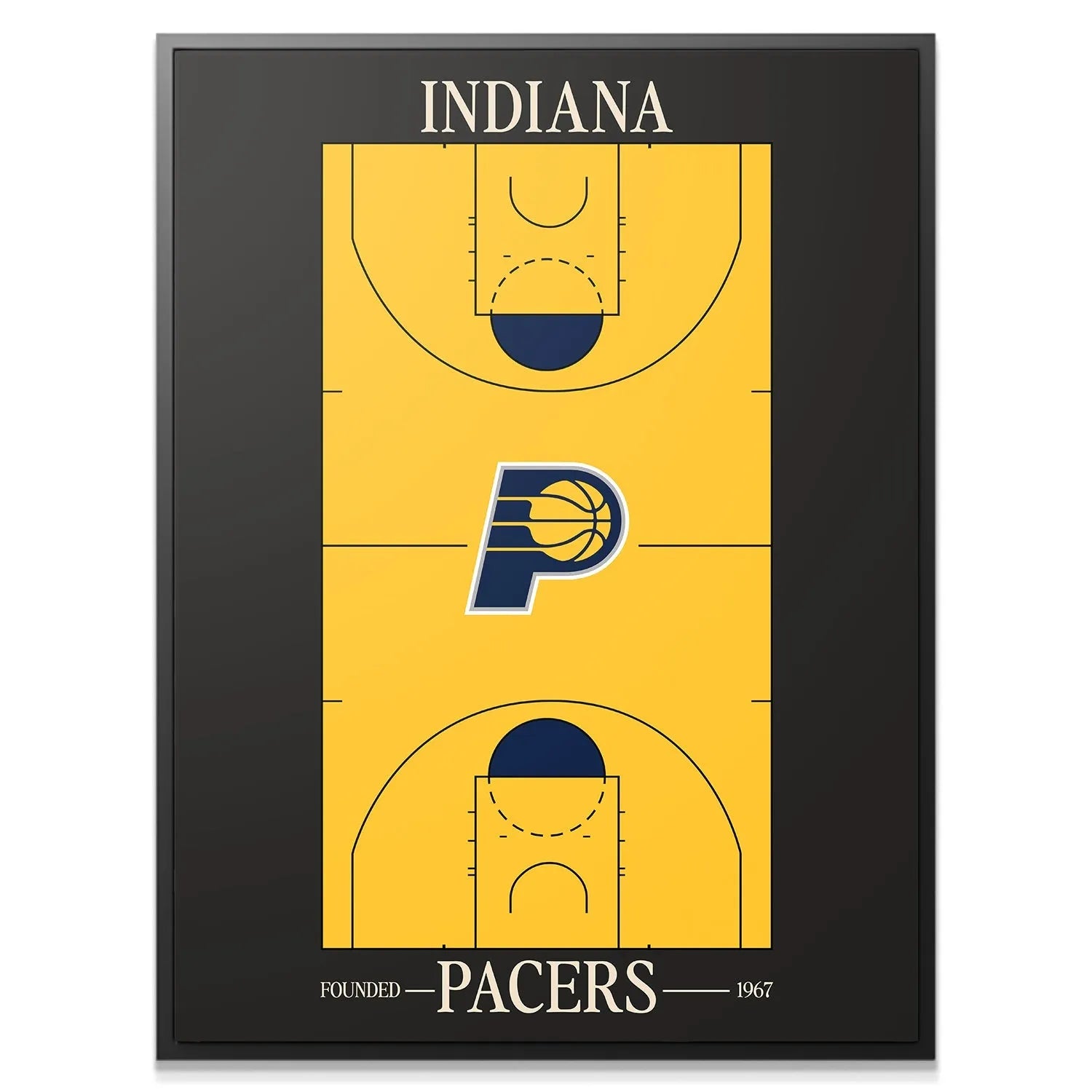 Close-up detail of the mid-court 'P' logo on the Top Court Design - Pacers poster artwork.