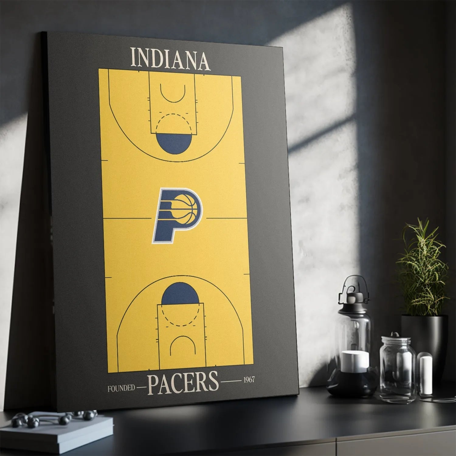 Artistic render of the Top Court Design - Pacers hung in a modern, sports-themed living room setting.