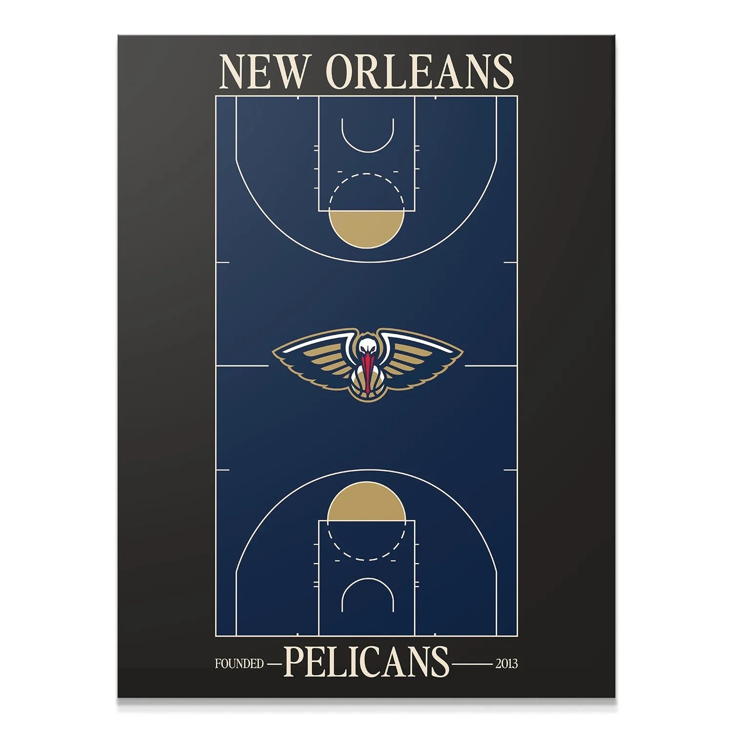 Full frontal view of the detailed Top Court Design - Pelicans print on a dark background.