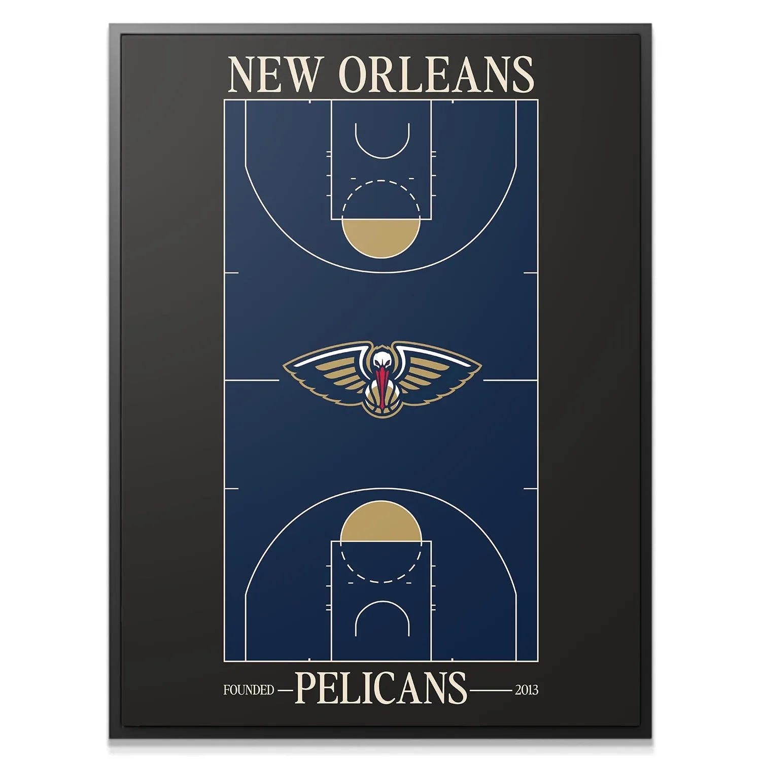 Close-up shot highlighting the center court Pelicans logo detail in the Top Court Design - Pelicans.