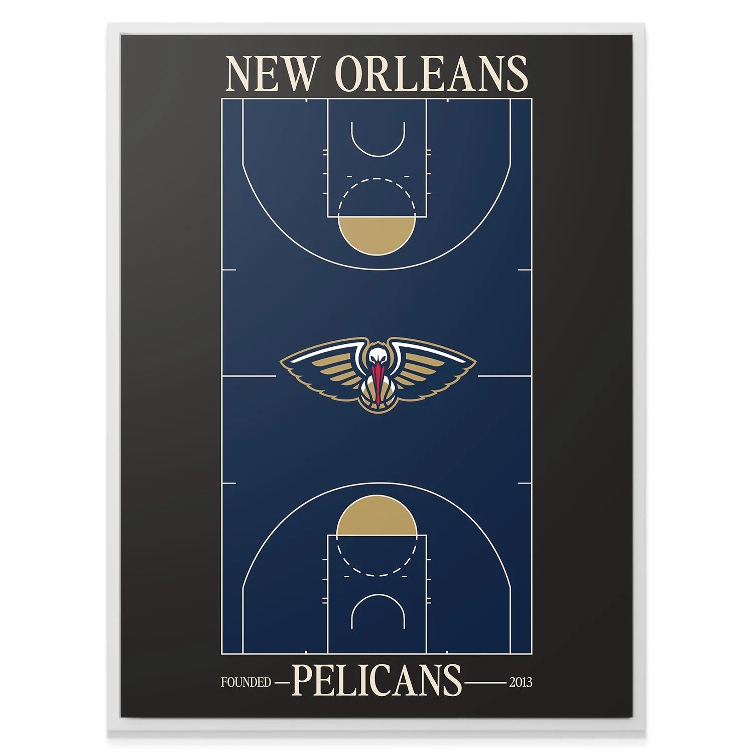 Lifestyle image showing the framed Top Court Design - Pelicans hanging above a modern sofa.