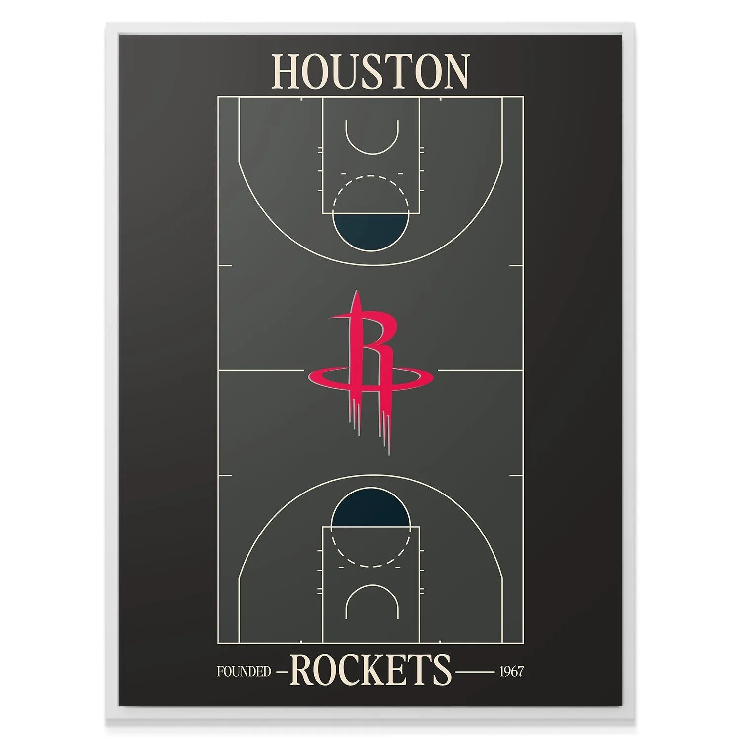 Diagonal angle showing the matte black background texture of the 'Top Court Design - Rockets' print.