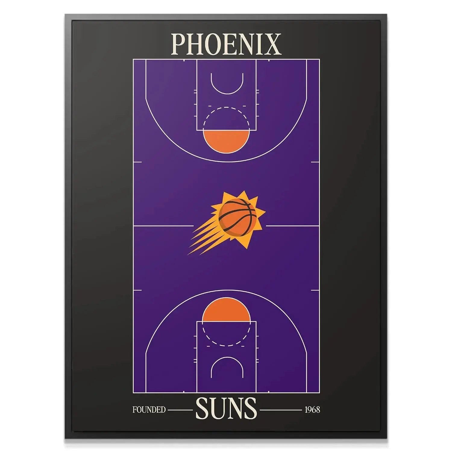Close-up detail showing the vibrant purple color and orange key areas of the Top Court Design - Suns art print.