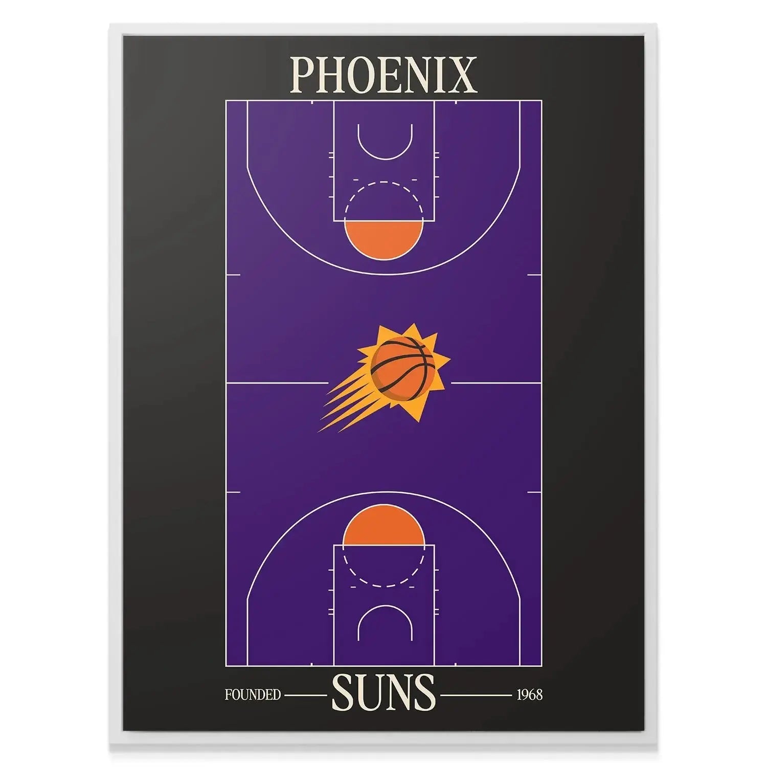 Lifestyle shot of the framed Top Court Design - Suns hanging proudly above a modern gaming setup or display shelf.