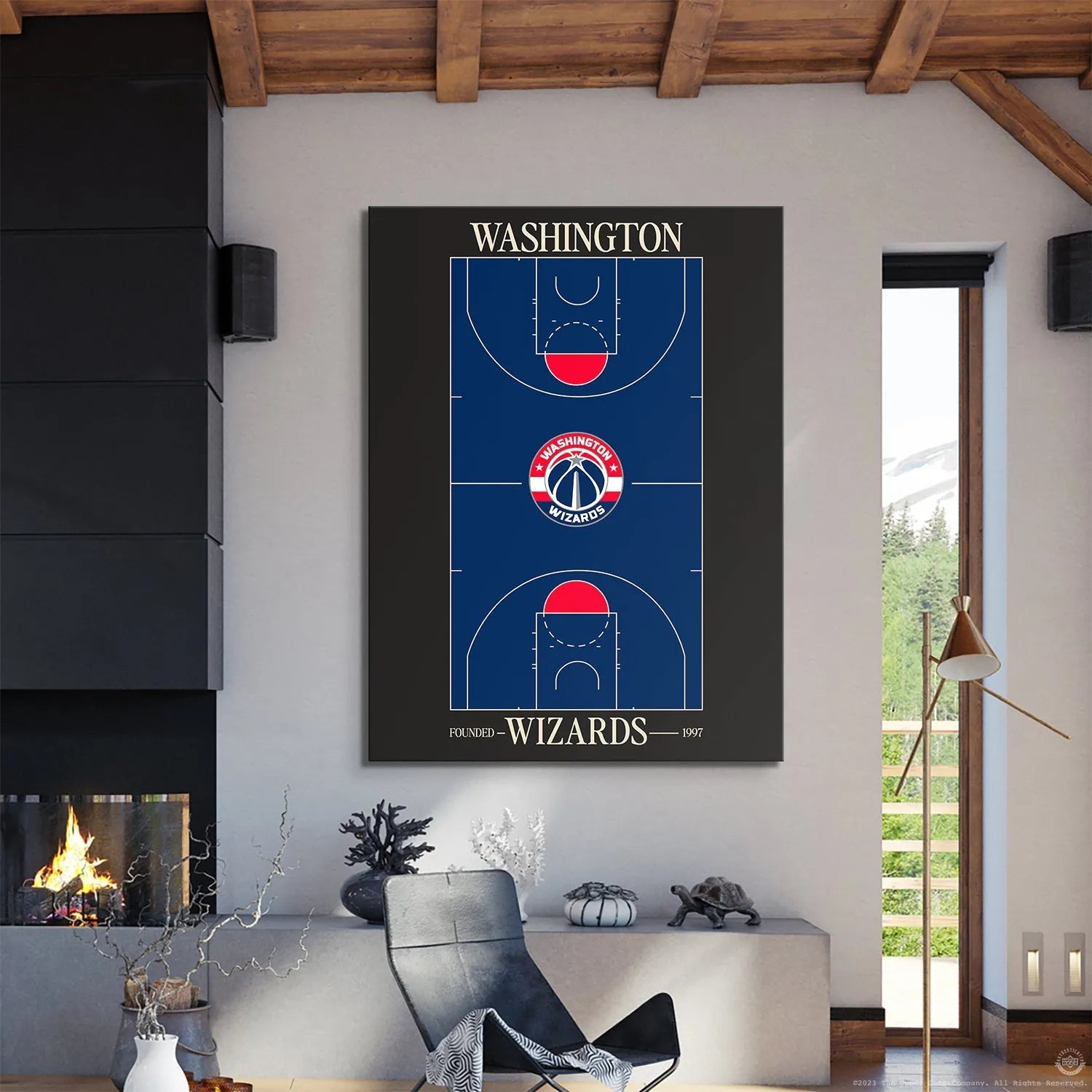 Corner shot showing the dark black border framing the vibrant Top Court Design - Wizards graphic.
