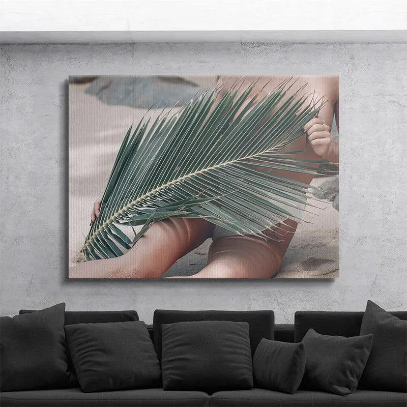 Abstract crop focusing on the strong diagonal lines of the palm leaf in the Topless Beach artwork.