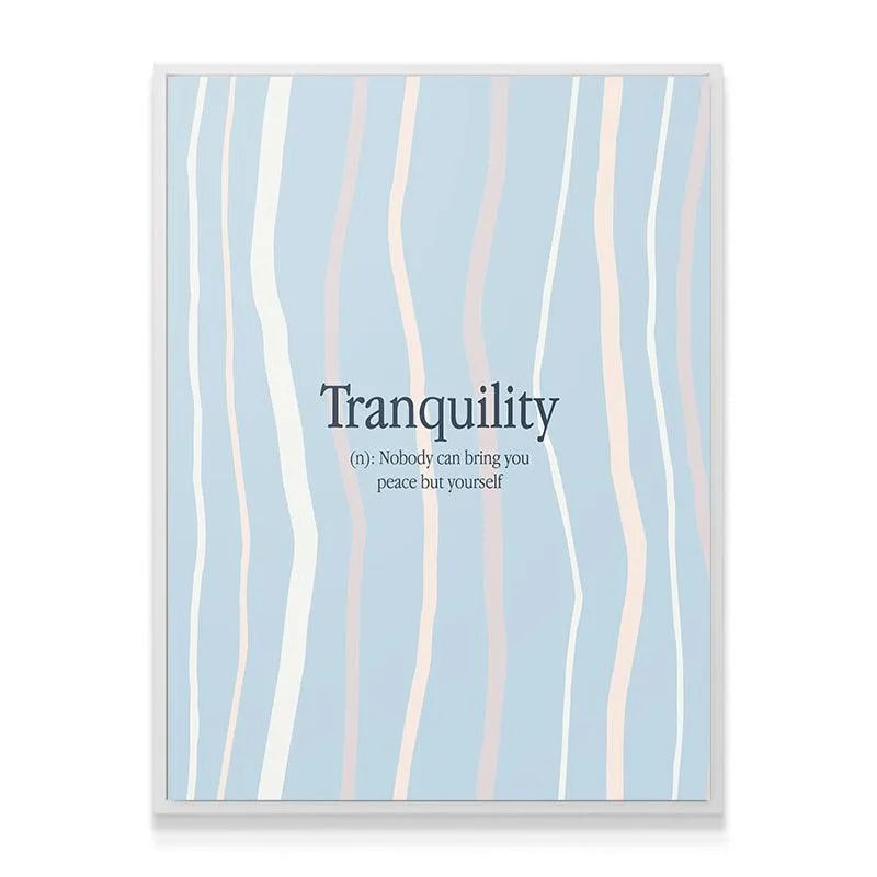 Lifestyle setting of the 'Tranquility' poster hanging above a modern desk.