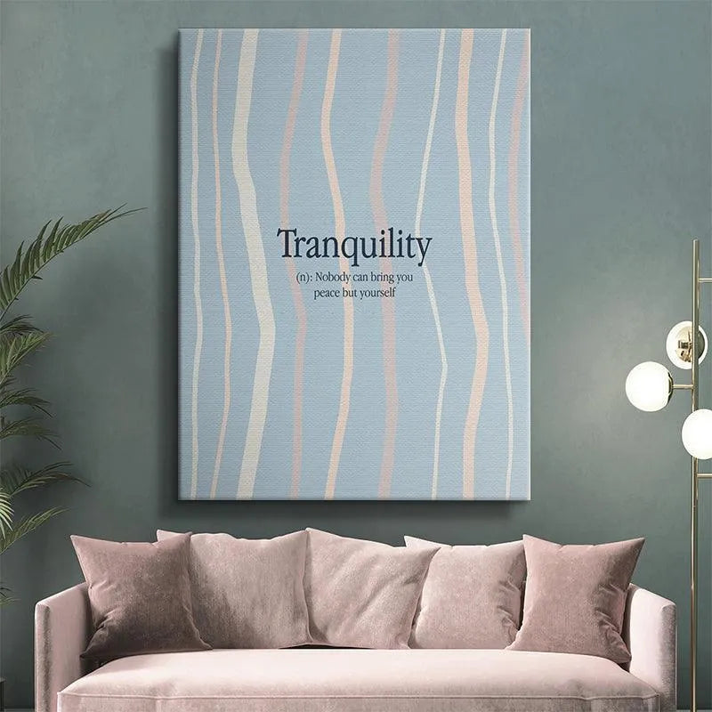 Overhead flat lay of the 'Tranquility' artwork surrounded by meditation objects.