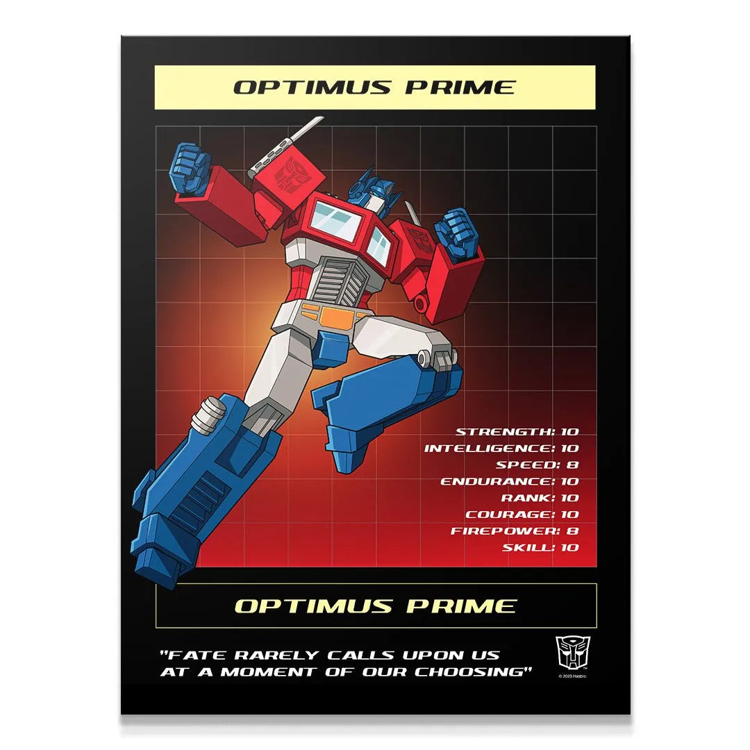 Full vertical view of Optimus Prime 'Transformers - Fate' collector's poster art featuring G1 styling.