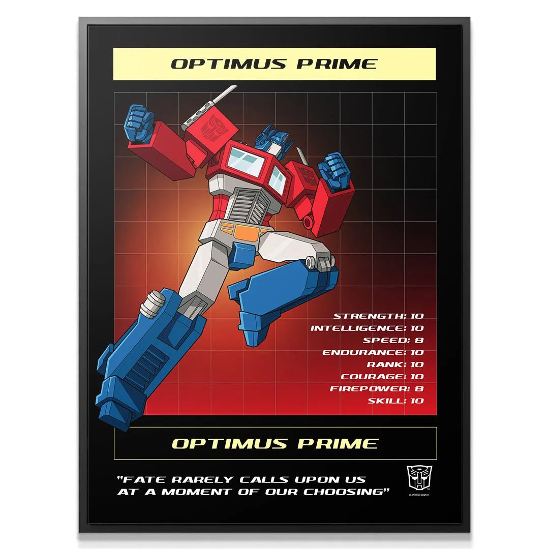 Close-up detail of Optimus Prime's chest insignia and head sculpt on the 'Transformers - Fate' print.