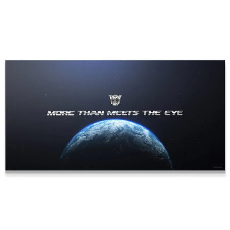 Wide shot of Earth from space emphasizing the slogan 'Transformers - More Than Meets The Eye' banner art.