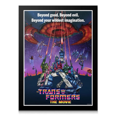 Full theatrical poster art for Transformers - The Movie, showcasing the Autobots fighting under a gigantic red dreadnought.