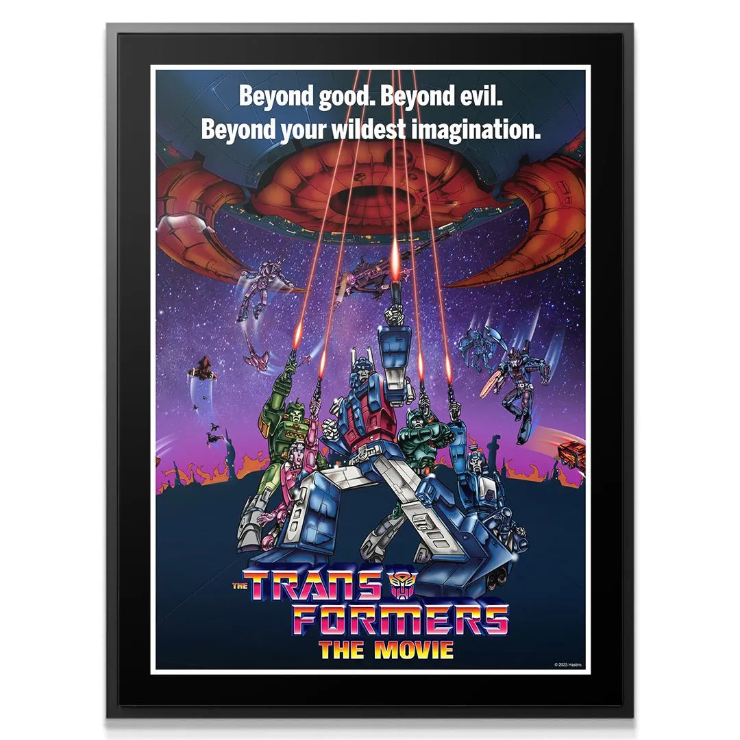 Close-up texture of the classic 1986 animated style poster of Transformers - The Movie, emphasizing color saturation.