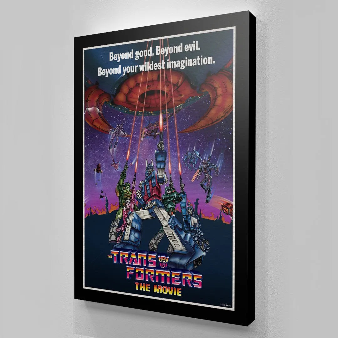 Detailed view of the floating antagonists and laser beams descending from the cosmic entity in Transformers - The Movie poster.