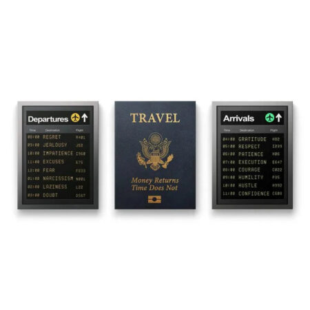 Full overhead studio shot of the three-panel conceptual Travel Bundle artwork.