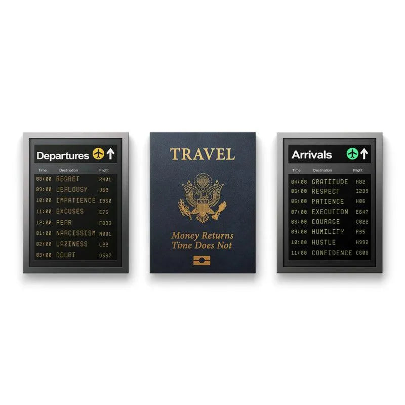 Full overhead studio shot of the three-panel conceptual Travel Bundle artwork.