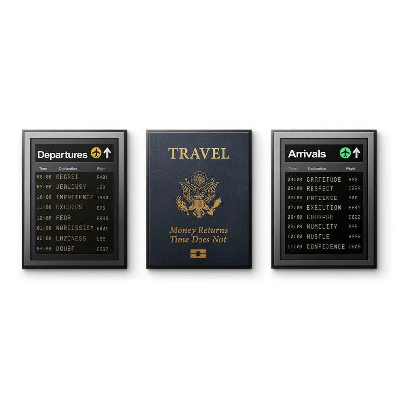 Close-up detail of the 'Departures' board listing Regret and Jealousy within the Travel Bundle artwork.