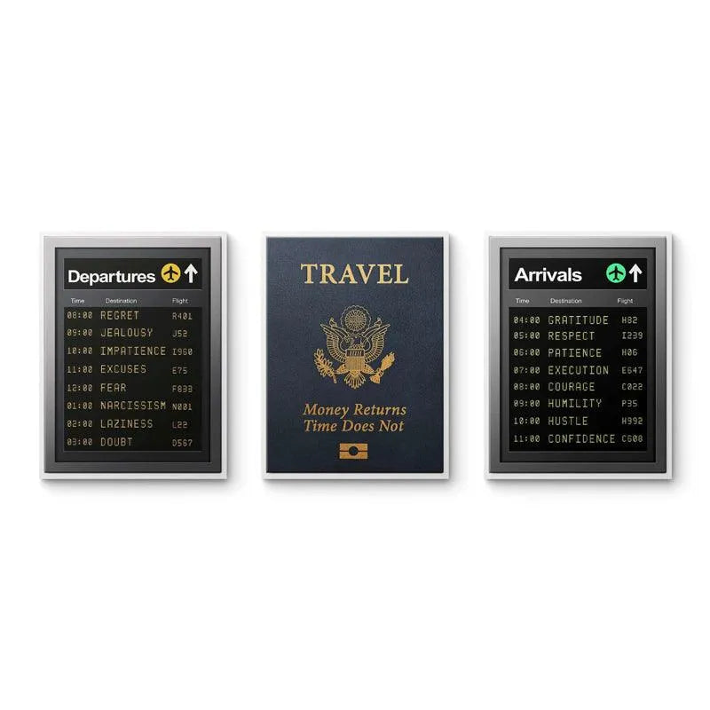 Macro view of the central blue 'TRAVEL' passport graphic included in the Travel Bundle print set.