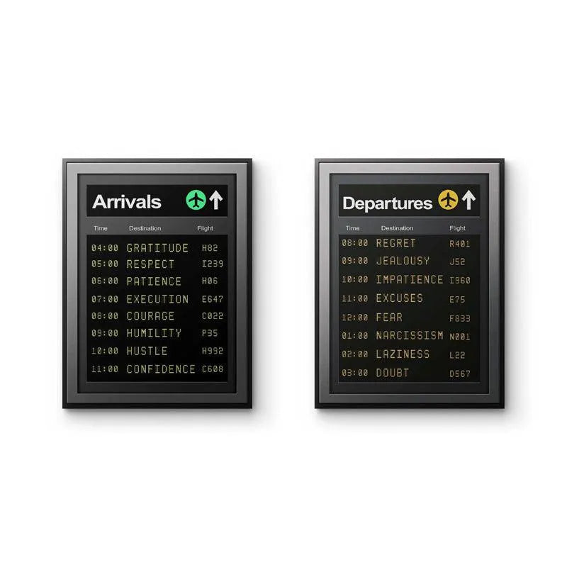 Close-up on the 'Arrivals' flight board panel of the abstract Travel Set, showing 'Gratitude'.