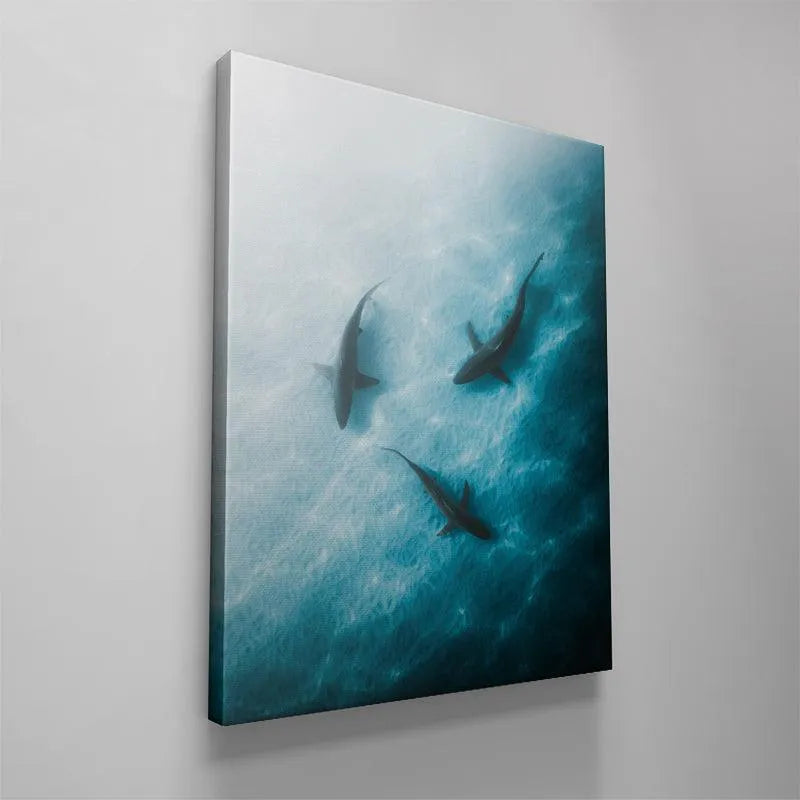 Detailed texture of the canvas material supporting the 'Triple Threat' shark image reproduction.