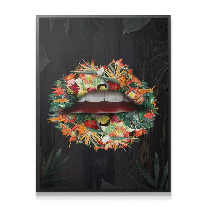 Full view of the Tropical Lips wall art canvas mounted on a dark, modern wall.