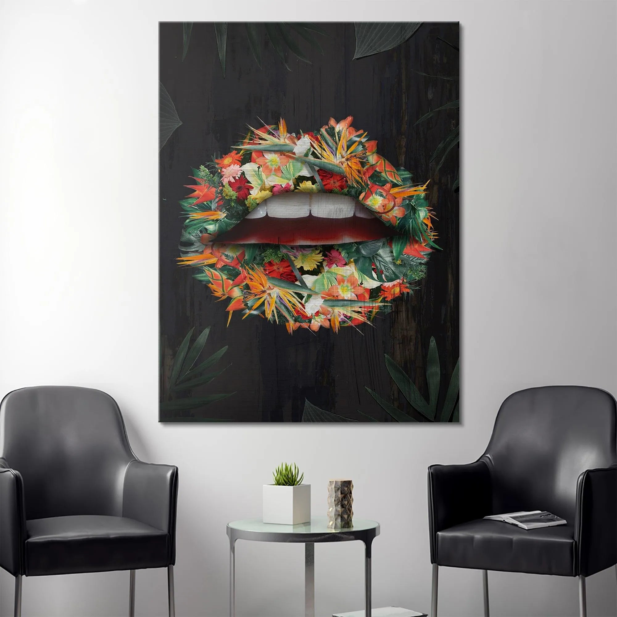 Lifestyle view of the Tropical Lips print hanging above a mid-century modern sofa.