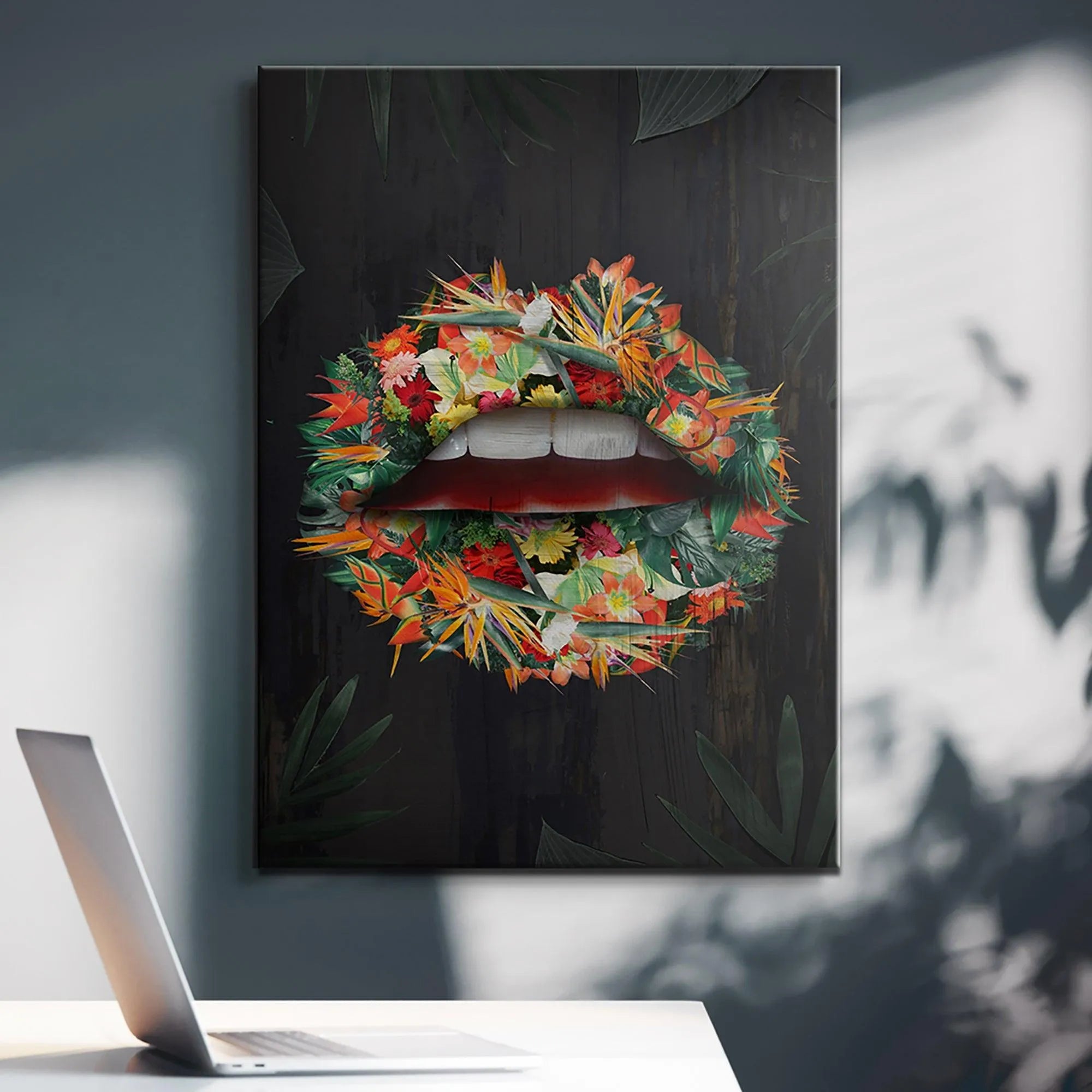 Detail shot focusing on the bright white teeth within the Tropical Lips artwork composition.