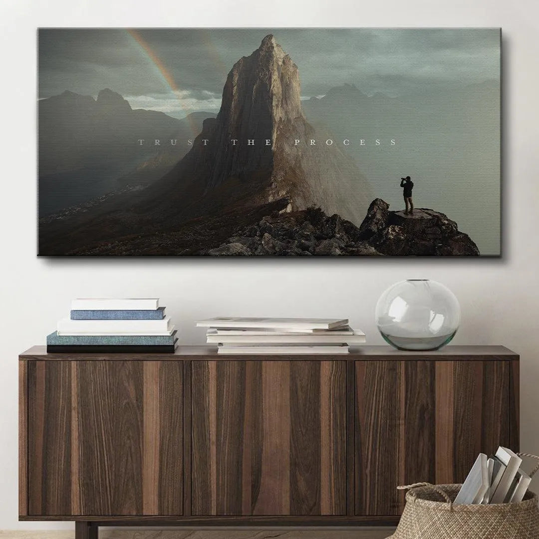 Low-angle perspective emphasizing the height and majesty of the main summit in the 'Trust The Process' design.