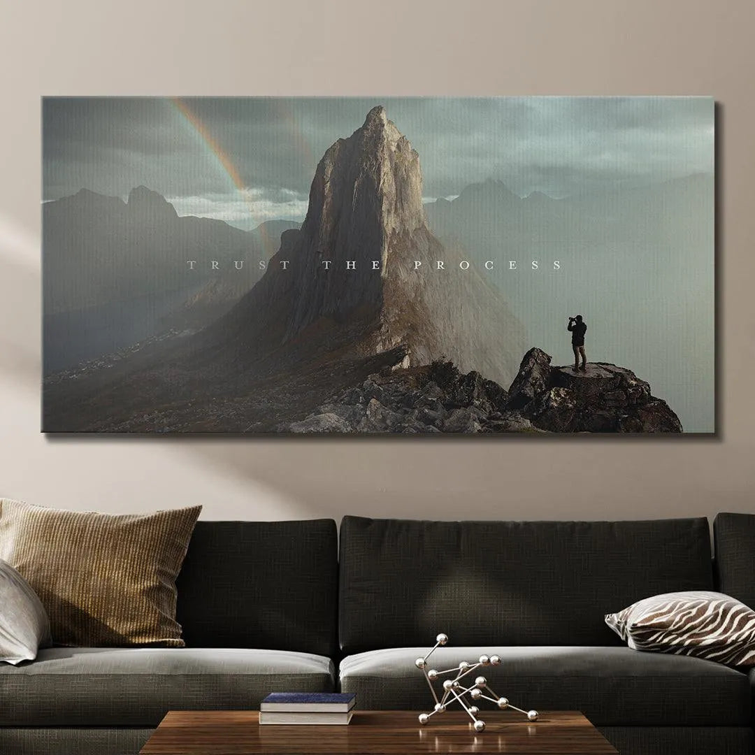 Vibrant color palette rendering of the grey clouds and dark rocks in the 'Trust The Process' scenic picture.