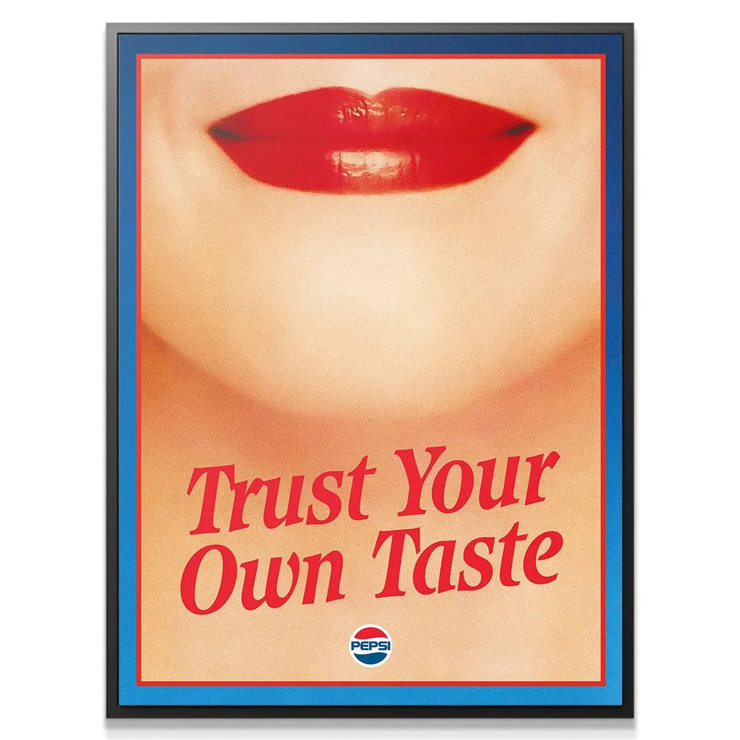 Full framed view emphasizing the vibrant blue border surrounding the central graphic of 'Trust Your Own Taste 2'.