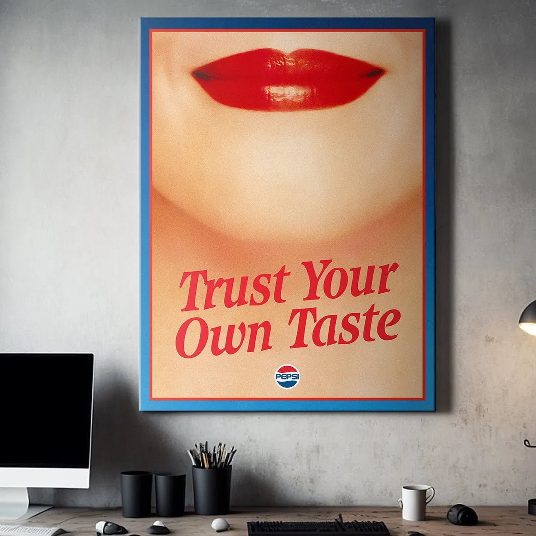 Lifestyle mockup showing the large format scale of the 'Trust Your Own Taste 2' wall art displayed in a modern living room.