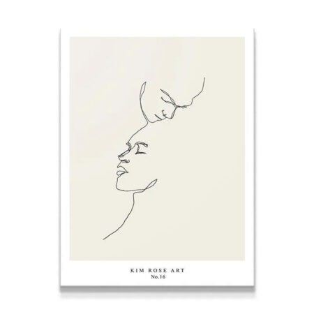 Close-up view of the minimalist faces in the 'Two Hearts - White' line art print.