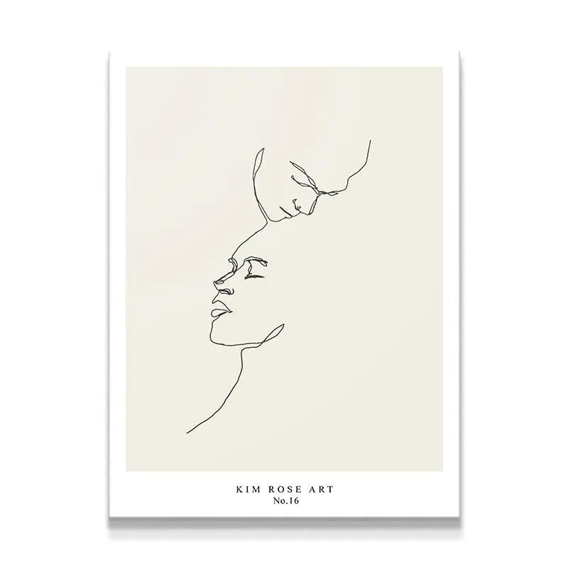 Close-up view of the minimalist faces in the 'Two Hearts - White' line art print.