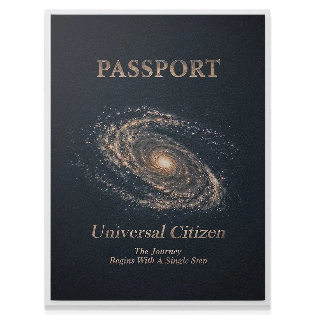 Macro shot of the embossed metallic gold foil text, highlighting 'Universal Citizen' on the print.