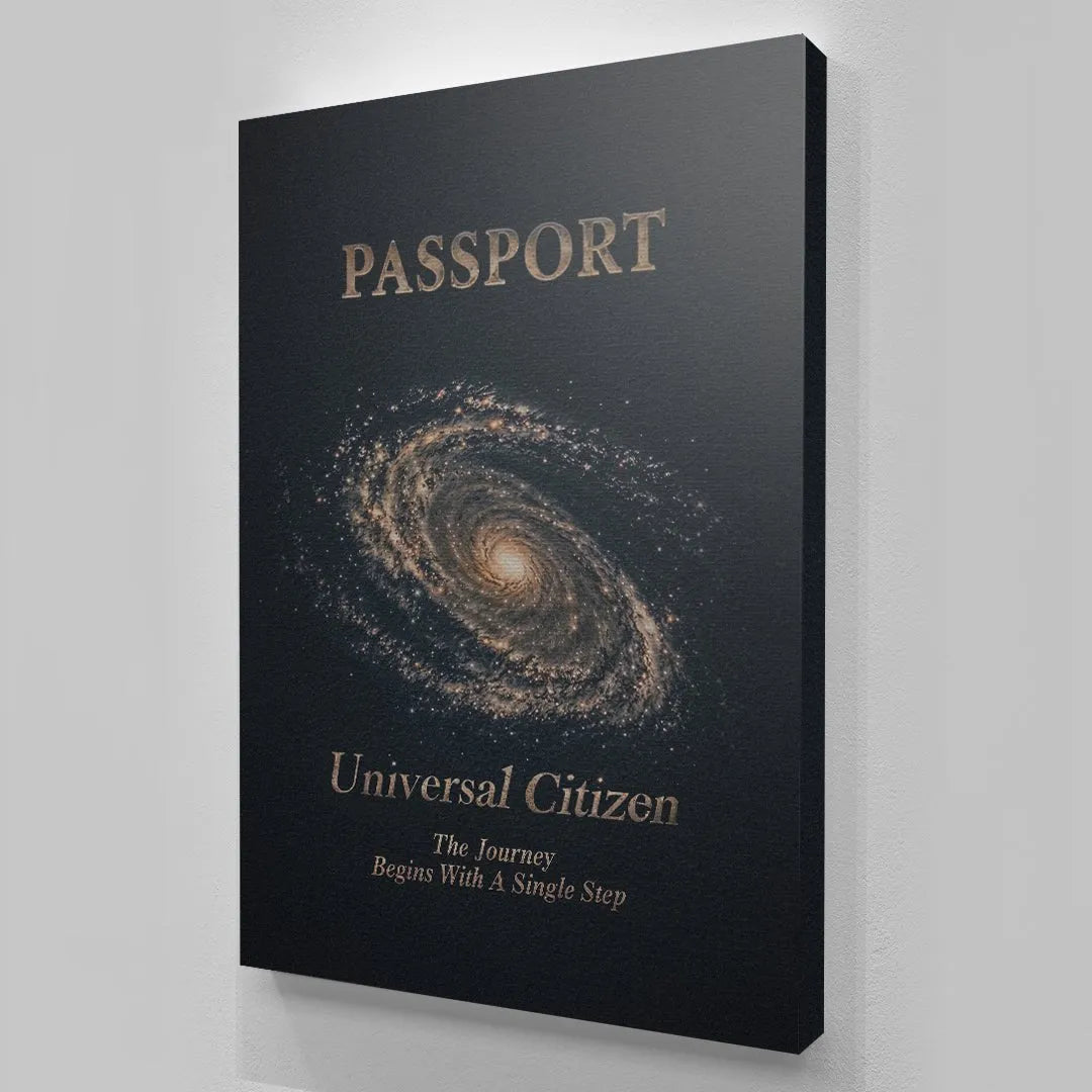 Lifestyle photo showing the framed 'Universal Citizen' print hanging on a minimalist wall.