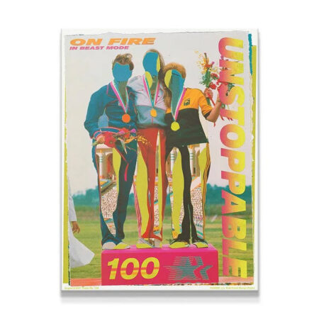 Full vertical view of the 'Unstoppable' vintage athletic collage poster on archival paper.