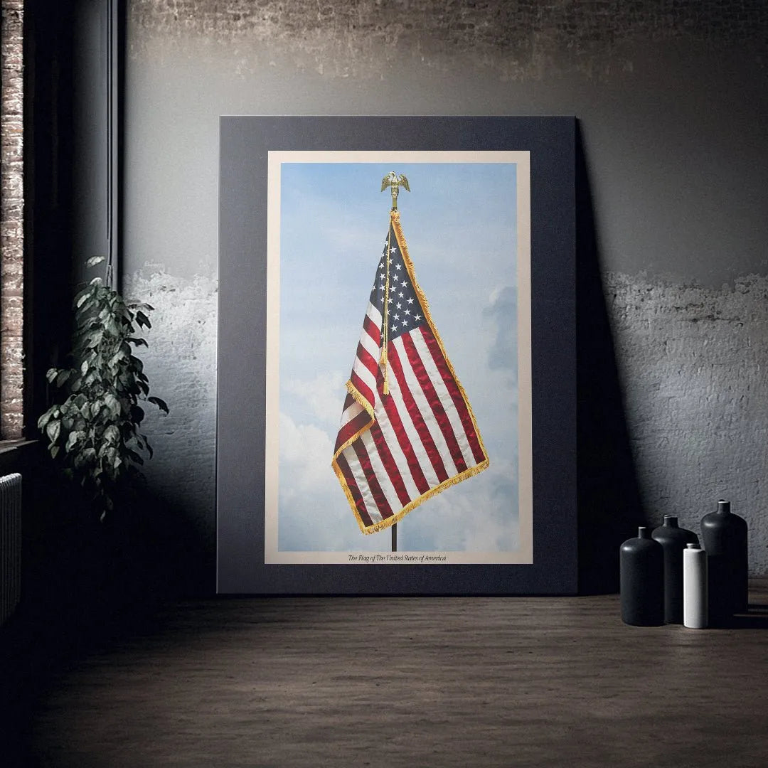 Outdoor patriotic display showing the bright blue sky backdrop behind the detailed USA Flag 2 image.