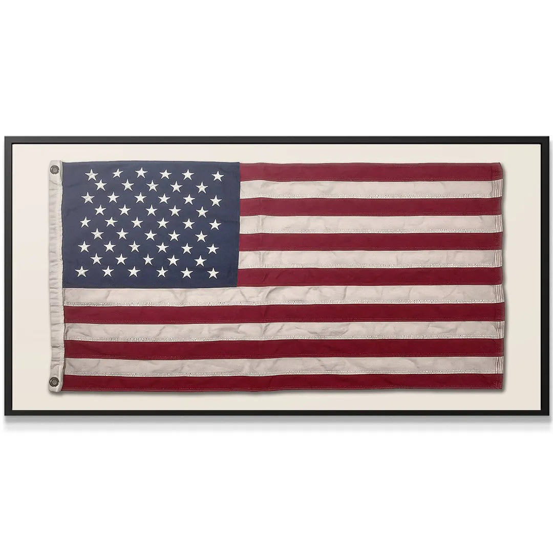 Full horizontal view of the authentic 50-star, 13-stripe USA Flag mounted for display.