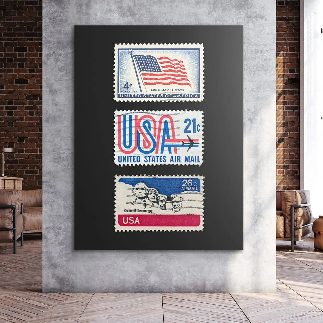 High-contrast shot emphasizing the red, white, and blue colors used in these vintage USA Postage Stamps.