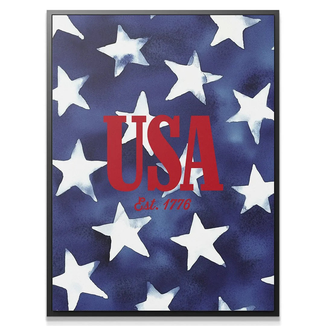 Full frontal view of the patriotic USA Waterpaint artwork hanging in a modern living room setting.